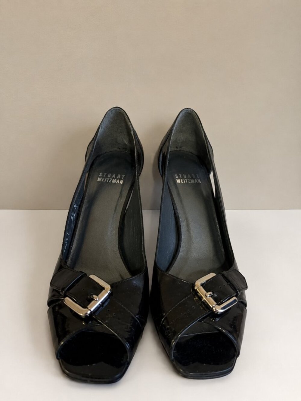 Stuart Weitzman Black Patent Leather Peep Toe Wedge Heels Size 6.5 Narrow